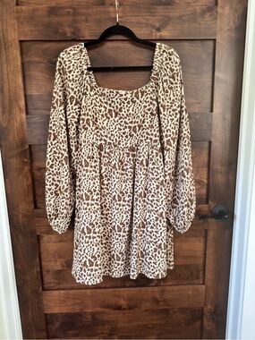 Girls' Brown Leopard Print Long-Sleeve Dress